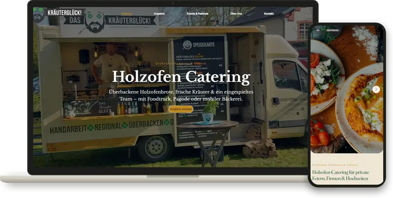 Die Website von Das Kräuterglück auf einem Laptop und auf dem Smartphone: der Foodtruck mit Speisekarte, darüber die Überschrift „Holzofen Catering“; auf dem Smartphone Holzofenbrote mit Tomaten und Lauchzwiebeln.