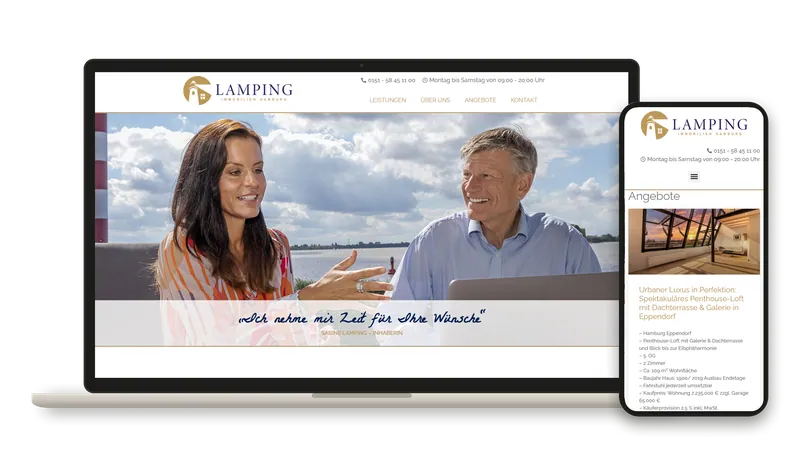 Die Website von Lamping Immobilien auf einem Laptop und auf dem Smartphone: Logo mit Leuchtturm, Foto von Inhaberin Sabine Lamping im Gespräch an der Elbe und das Zitat „Ich nehme mir Zeit für Ihre Wünsche“.