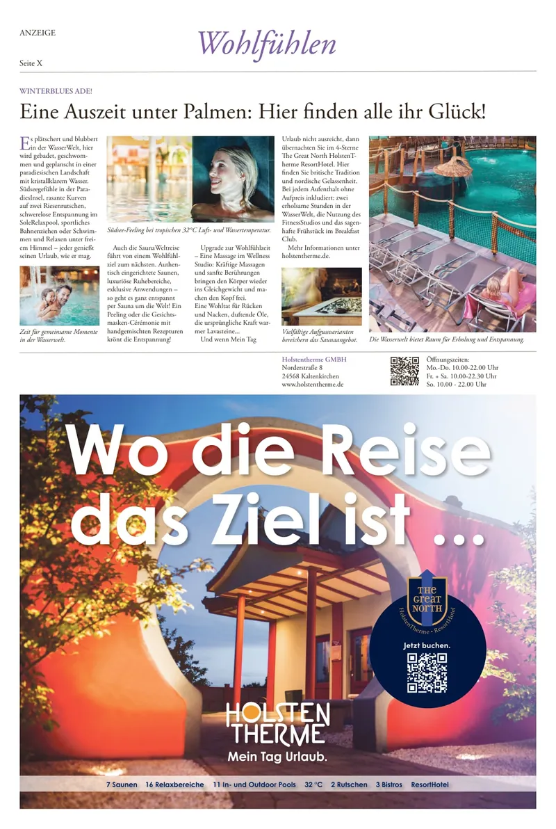 Seite im Magazin Wohlfühlen: oben das Advertorial „Eine Auszeit unter Palmen: Hier finden alle ihr Glück!“ mit Fotos aus der Wasserwelt, unten eine Anzeige der HolstenTherme.